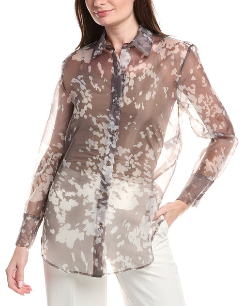 Kenneth Cole Printed Organza Sheer Top Beige S 2