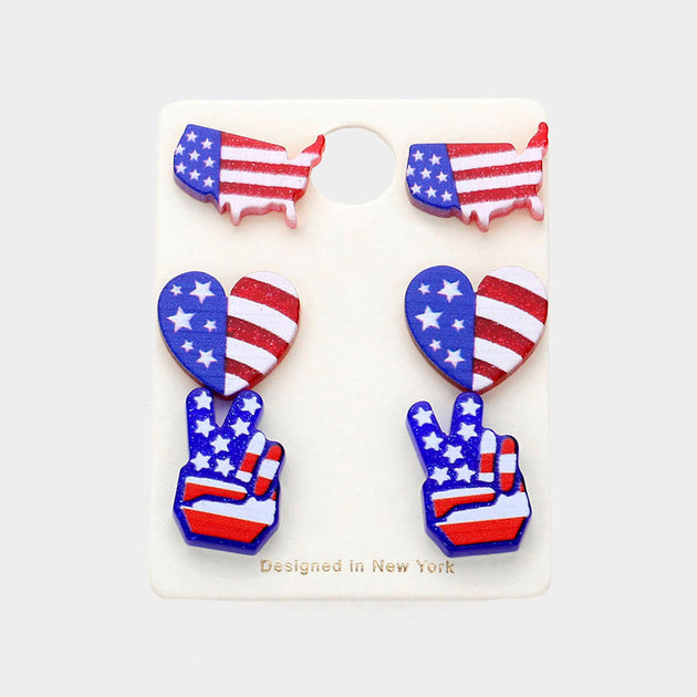 FASHNZFAB American USA Flag Heart Resin Stud Earrings Multi 2