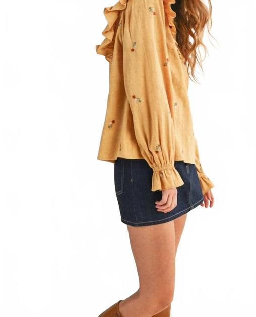 merci Ruffled Smocked Embroidered Blouse Yellow Medium 4