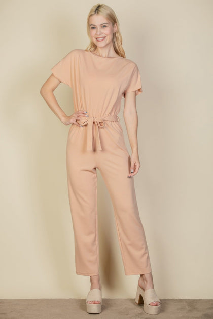 TRUEDAMES Tie Waist Relaxed Jumpsuit Brown Small 4