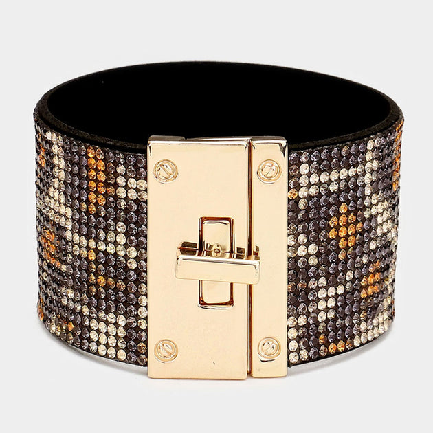FASHNZFAB Leopard Embellished Rhinestone Wide Turn Lock Bracelet Gold/Leopard One Size 2