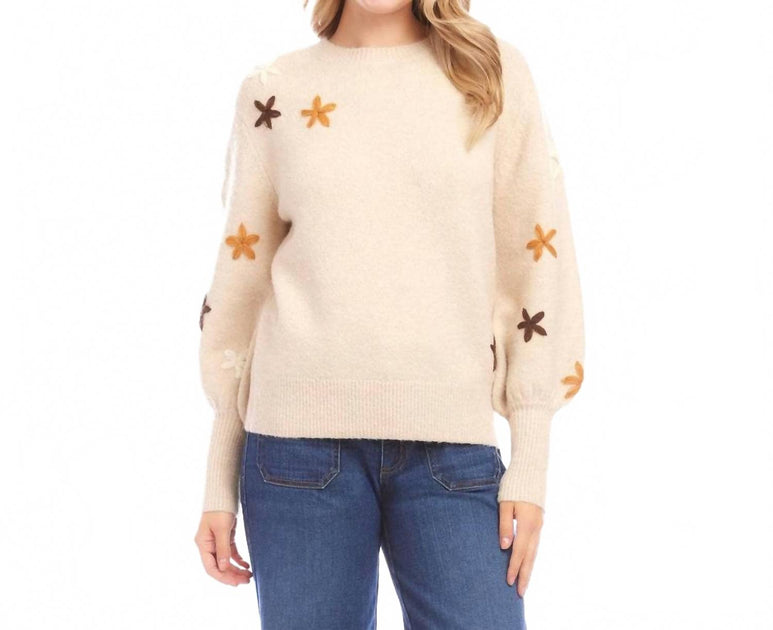 Karen Kane Embroidered Flower Sweater Beige Medium 2