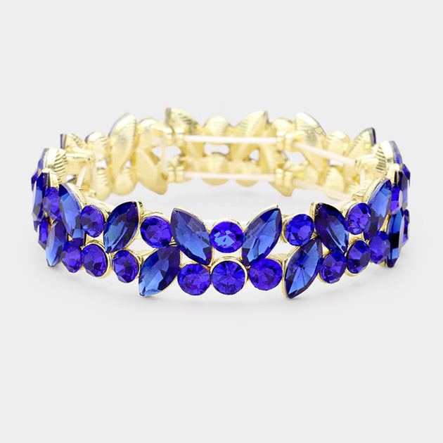 FASHNZFAB Marquise Stone Cluster Stretch Bracelet Gold Sapphire Blue One Size 2