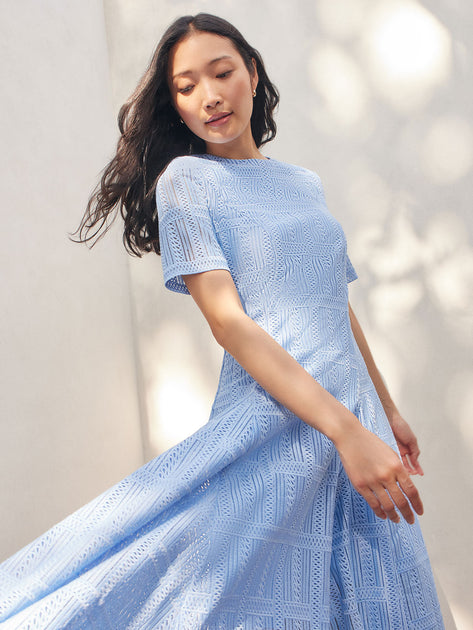 Misook Fit-and-Flare Linear Lace Maxi Dress Blue Small 3