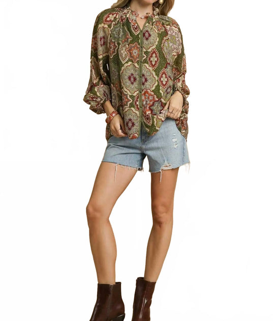 Umgee Boho Mosaic Button Down Blouse Multi Medium 2