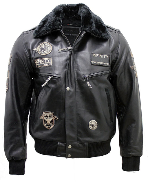 Infinity Mens Cow Hide Detachable Collar Leather Flight Bomber Jacket Black XXLarge 2