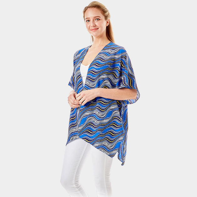 TRUEDAMES Wavy Printed Lurex Cover Up Poncho Red One Size 4
