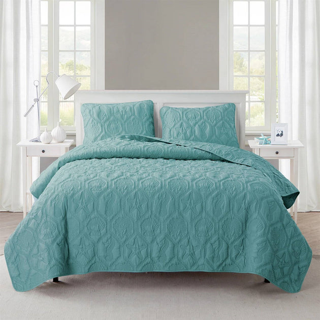 Hivvago King Coastal Beach 3-Piece Quilt Set Blue 2