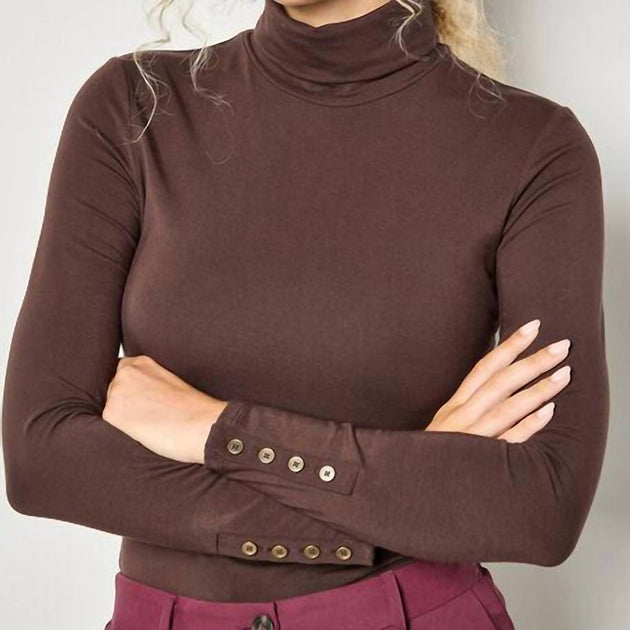 APRICOT Turtle Neck Button Cuff Top Brown Small 4