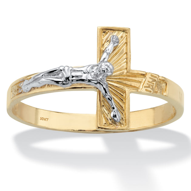 Palm Two-Tone Crucifix Ring Yellow White Gold US 9 2