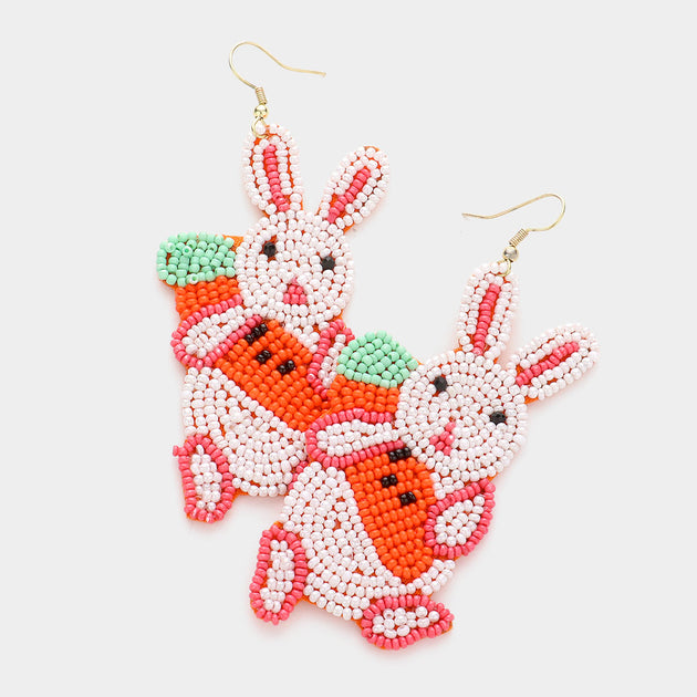 FASHNZFAB Seed Beaded Easter Bunny Dangle Earrings Red 3