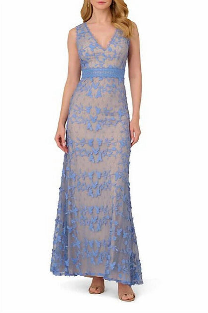 Adrianna Papell Embroidered Lace Sheath Gown Blue US 2 2