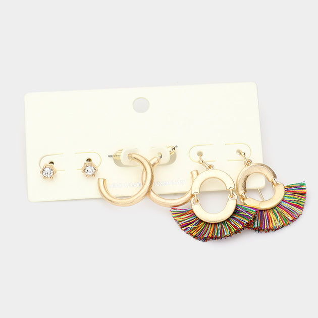 FASHNZFAB Round Stone Metal Hoop Tassel Fringe Earrings Red 5