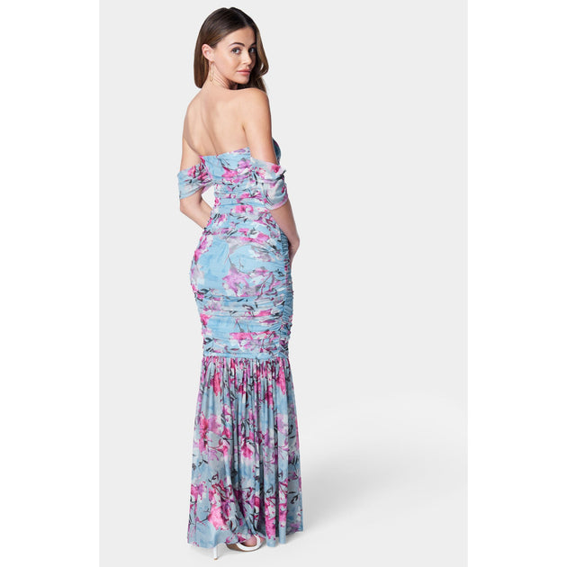 Bebe Off Shoulder Ruched Mesh Gown Blue XLarge 4
