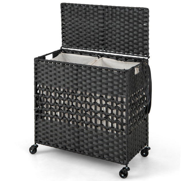 Panier à linge Hivvago 110L 2 Compartiments en Rotin PE Marron 4