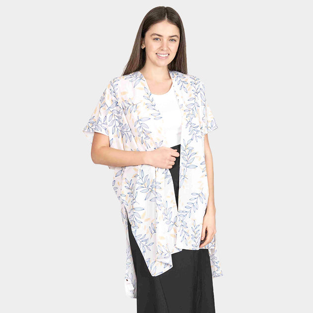 TRUEDAMES Leaf Patterned Cover Up Kimono Poncho White One Size 6