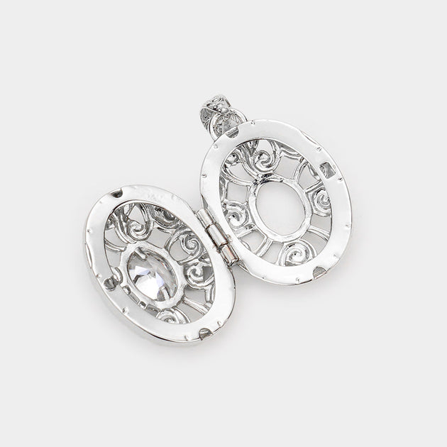FASHNZFAB CZ Oval Filigree Metal Locket Pendant Pink 3