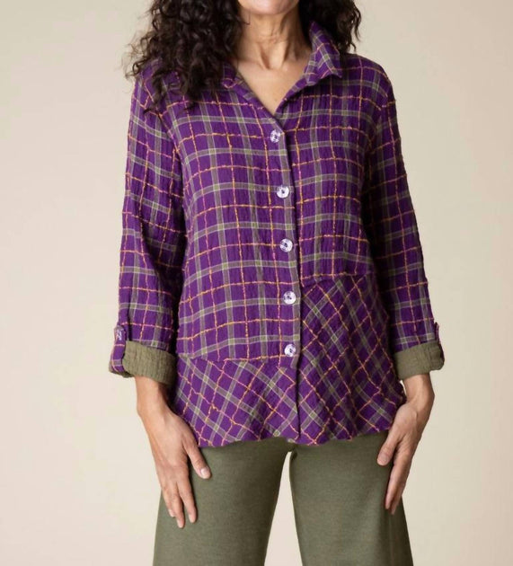 Habitat Double Faced Windowpane Pieced Button Front Shirt Violet Medium 3