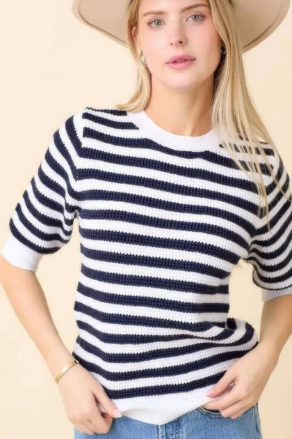 TRUEDAMES Kurzarm Strickpullover Streifen Top Blau Large 2