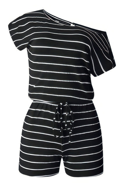 TRUEDAMES Striped Short Sleeve Drawstring Waist Romper Black XLarge 3