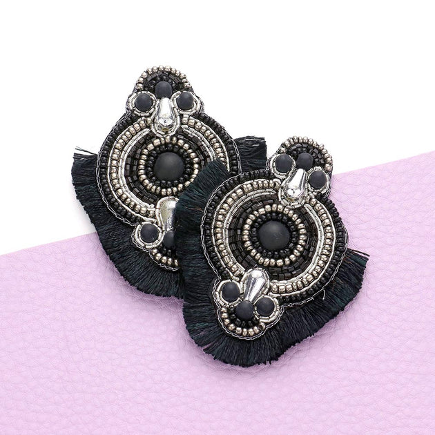 FASHNZFAB Boho Tassel Beaded Earrings Black 3