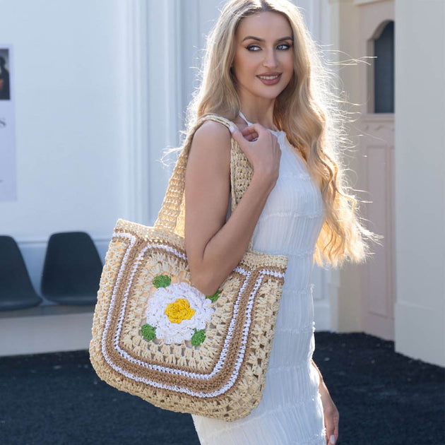 FASHNZFAB Crochet Floral Shoulder Tote Bag Pink One Size 2