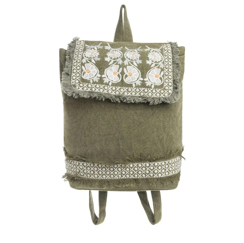 NWT Boho Olive Green Prairie Petunias Embroidered Backpack Bag by Myra Peanuts Bancroft Backpack - Featherweight | Vera Bradley main image 4