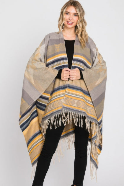 TRUEDAMES Aztec Pattern Fringe Ruana Yellow One Size 3