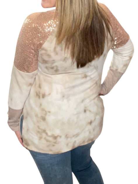 honeyme Tie Dye Sequin Shoulder Tee Beige 3X 4