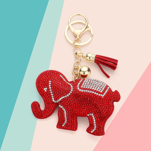 FASHNZFAB Bling Studded Elephant Tassel Keychain Red 3