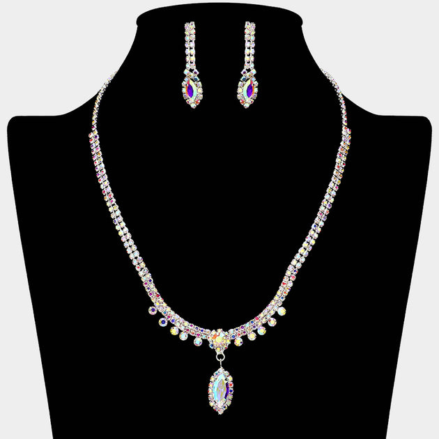 FASHNZFAB Marquise Stone Pendant Rhinestone Paved Necklace Black 7