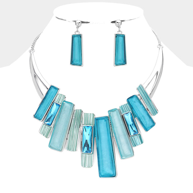 FASHNZFAB Rectangle Stone Pointed Metal Necklace Blue One Size 2