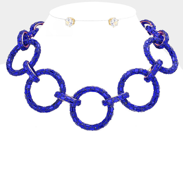 FASHNZFAB Baguette Stone Embellished Link Necklace Blue 3