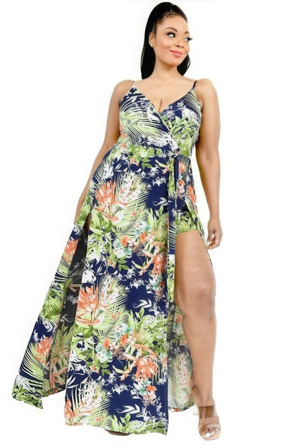 TRUEDAMES Plus Tropical Leaf Print Surplice Maxi Dress Multi 3X 2
