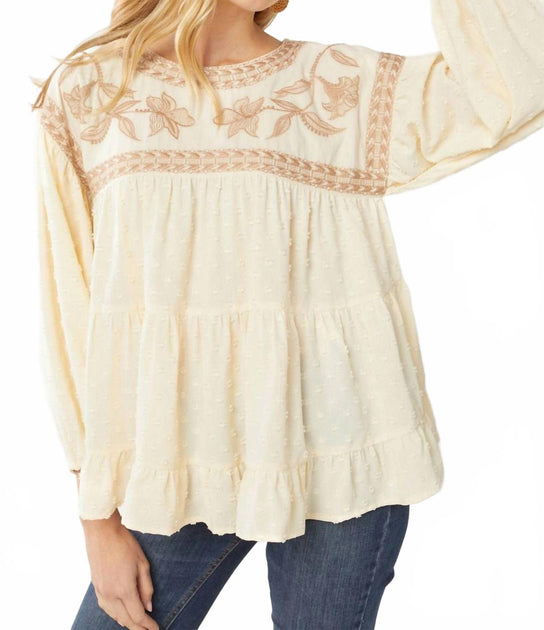 entro Embroidered Swiss Dot Blouse Beige Small 2