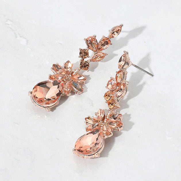 FASHNZFAB Floral Stone Teardrop Cluster Drop Earrings Peach Rose Gold 3
