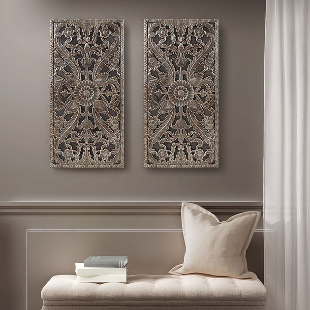Streamdale Botanical Panel Distressed Carved Wood 2-Piece Wall Decor Set 6