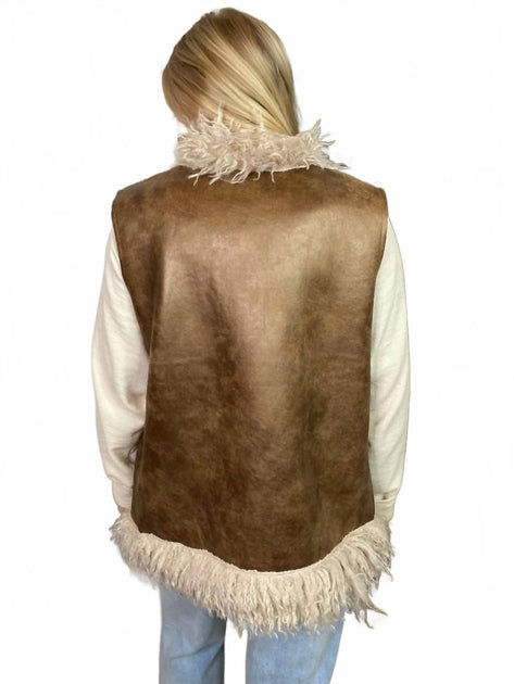 VERY J Sherpa Suede Boho Vest Beige Small 3