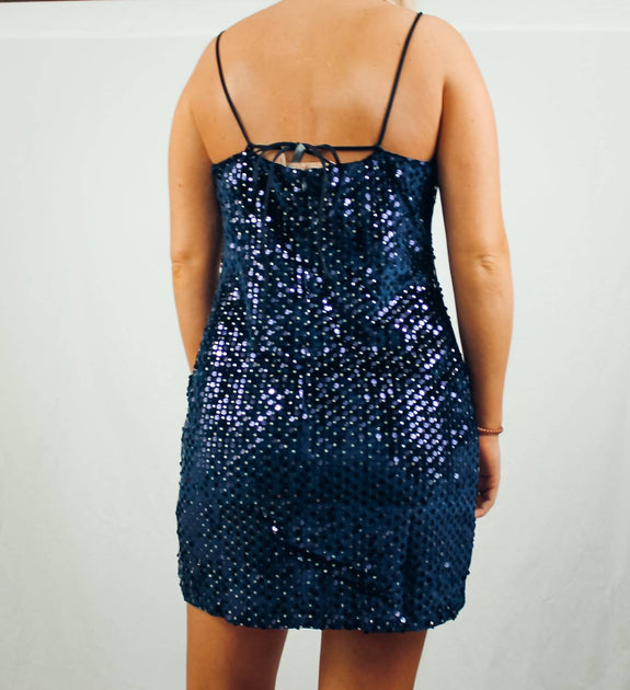 16970 Navy Blue Cross Back Sequined Fishnet Dress