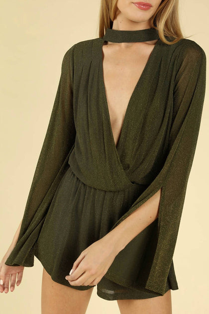 Honey Punch Shimmering Wrap Romper Green Large 4