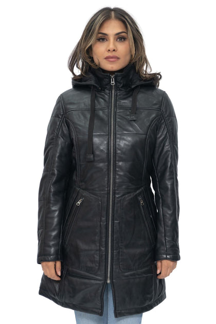 Infinity Allentown Women's Leather Quilted Parka Black Medium 2