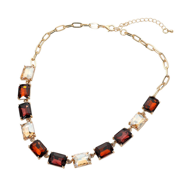 FASHNZFAB Rectangular Stone Cluster Link Necklace Brown Gold One Size 4