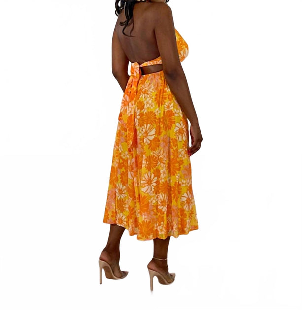 abstract floral bandeau felicity midi dress FLYING TOMATO Blissful Paradise Floral Halter Midi Dress In Yellow