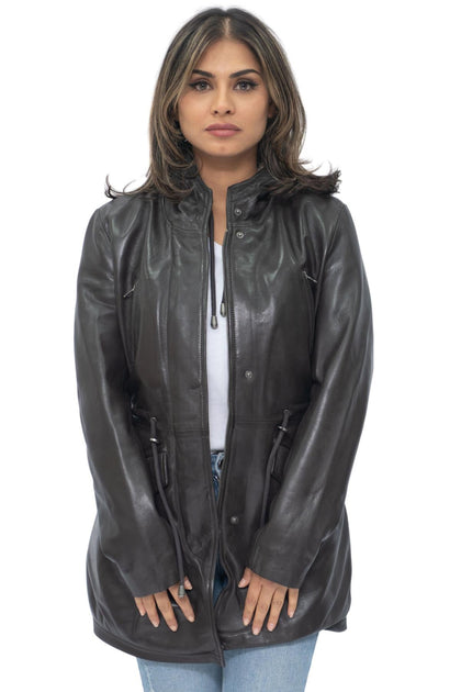 Infinity Womens Leather Hooded Parka Jacket Brown Small 2