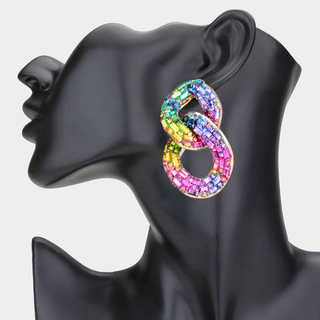FASHNZFAB Stone Embellished Link Evening Earrings Multicolor 6