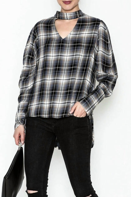 ELAN Long Sleeve Plaid Keyhole Neck Top Black Medium 2