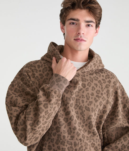 Aeropostale Cloud Soft Leopard Print Boxy Pullover Hoodie Brown Large 2