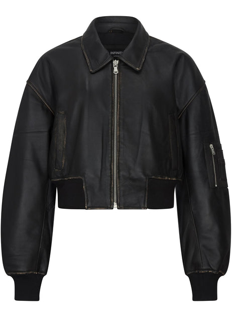TruClothing Cropped Bomber Leather Jacket Black Medium 2
