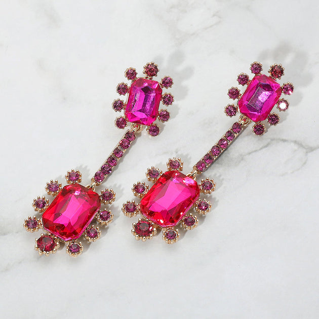 FASHNZFAB Double Emerald Cut Stone Accented Dangle Earrings Purple 2