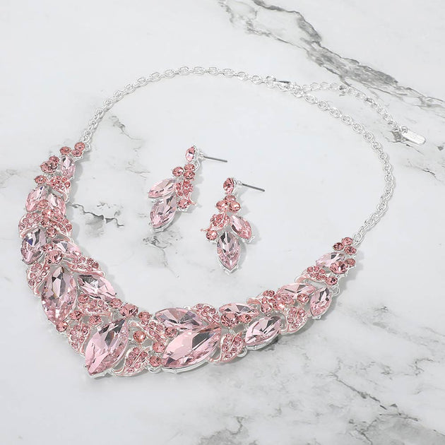 FASHNZFAB Marquise Stone Cluster Leaf Evening Necklace Set Blue One Size 4